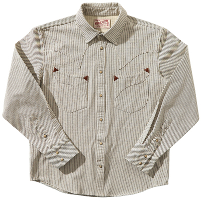西部系列米白色织按扣条纹衬衣美式复古西部长袖衬衫 MBBCAR窄幅