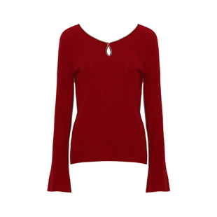 DPLAY2025秋季新款红色针织衫大红毛衣100羊毛衫内搭打底上衣女
