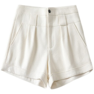 M2女装品牌折扣针织短裤女春秋羊毛白色洋气高腰大码阔腿休闲裤子