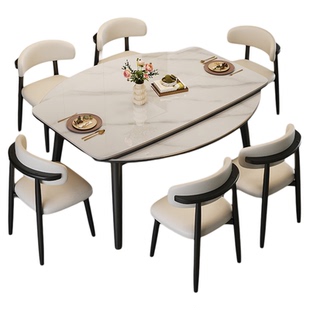 蓝色理想实木岩板餐桌椅组合现代简约家用可变圆桌2026新款复古风