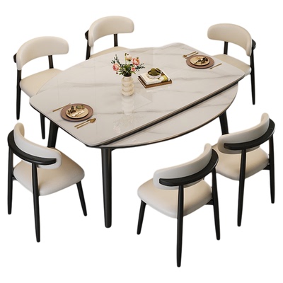 蓝色理想实木岩板餐桌椅组合现代简约家用可变圆桌2025新款复古风