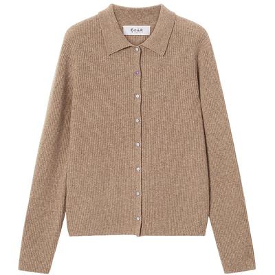 鄂尔多斯1980 女装小翻领抽条羊绒开衫25年秋冬新品修身针织衫