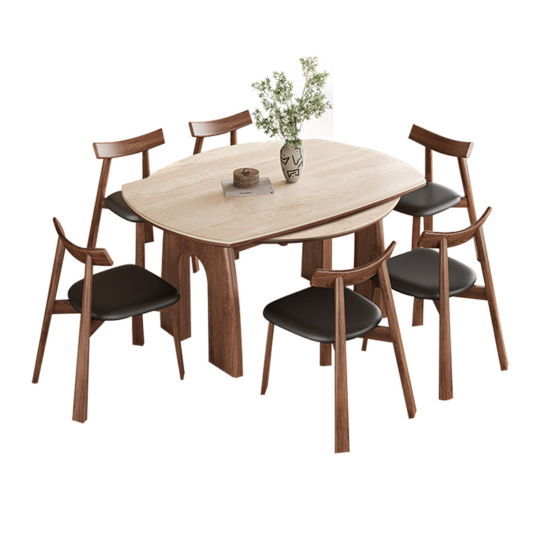 2025新款洞石岩板伸缩餐桌可变圆桌家用中古风凯旋门实木折叠饭桌