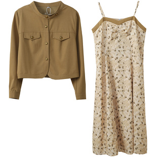 胖莹莹大码女装胖mm2026春季新款短外套显瘦碎花吊带连衣裙套装女