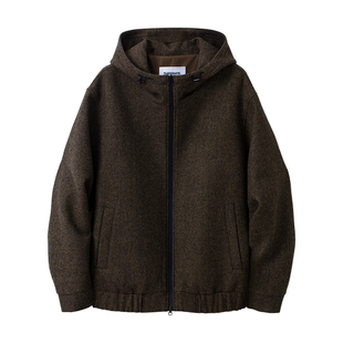 THESSNCE 羊毛混纺粗斜纹 双开襟连帽卫衣式单面呢夹克外套男冬季