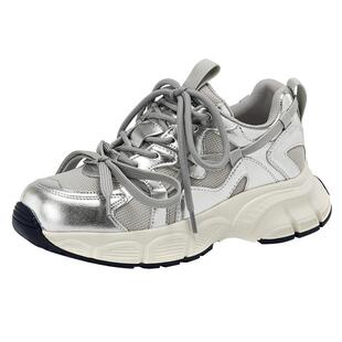 奥康女鞋 春季新款月落星河银色运动鞋圆头登山鞋百搭老爹鞋