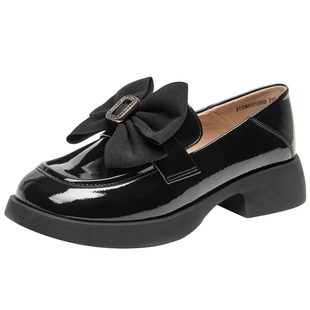 大东官方厚底乐福鞋女款2026新款春季漆皮蝴蝶结英伦风软底小皮鞋