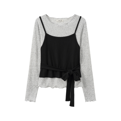 绑带撞色拼接假两件内搭长袖T恤