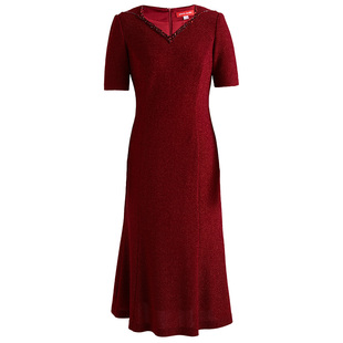 商场同款皮尔卡丹女装酒红色短袖修身连衣裙酒会婚庆场合礼服裙