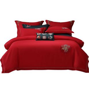 水星家纺婚庆四件套60支长绒棉贡缎刺绣套件全棉结婚喜庆轻奢床品