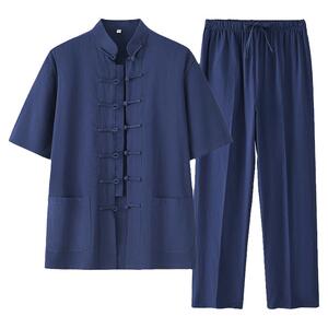 夏季薄款唐装男棉麻短袖套装中式男装中老年半袖汉服居士服爸爸装