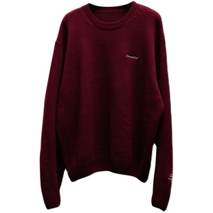 BananaClub 秋冬酒红色趣味刺绣休闲套头情侣限定针织衫毛衣