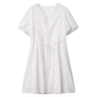 CV大码女装 2025夏季新款时尚红斑点V领短袖中长款连衣裙女潮胖mm