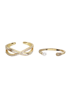 法式复古珍珠锆石叠带可调节指环