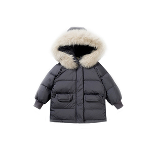 儿童连帽羽绒服男童外套秋冬宝宝加厚冬装女童中长款毛领羽绒服