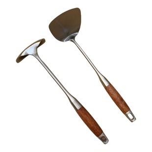 花梨木实心老式90度弯头304锅铲不锈钢加厚炒菜铲子家用厨具