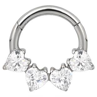 四连爱心5a锆石搭扣环 16g植入级钛合金8mm防敏高抛光daith鼻中隔