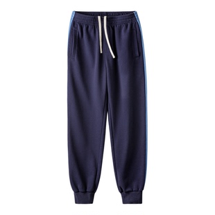 马登工装美式休闲训练卫裤运动华夫格束脚裤松紧腰蓝色长裤子男春