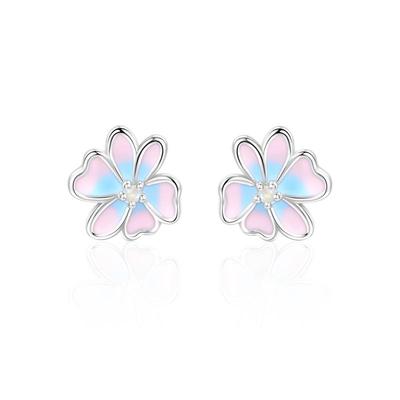 JXRXs999纯银欧泊粉花朵耳钉女设计感小众养耳洞耳环精致足银耳饰