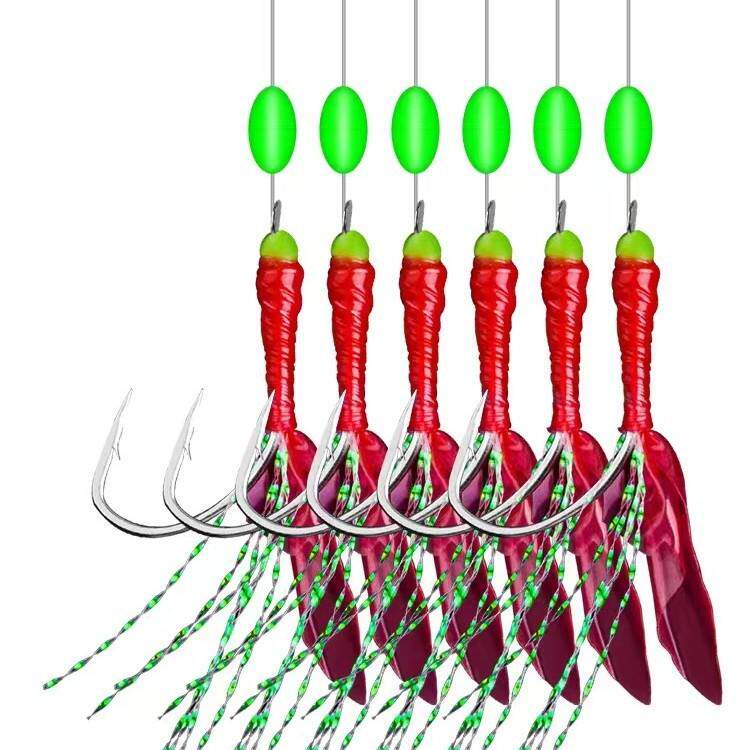 串钩仕挂仿生红钩白条串翘钓鱼钩鱼皮缠绕虾皮专杀胶皮钩嘴防