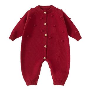 贝贝城婴儿衣服2025新款红色喜庆女宝宝针织连体衣新生儿保暖冬装