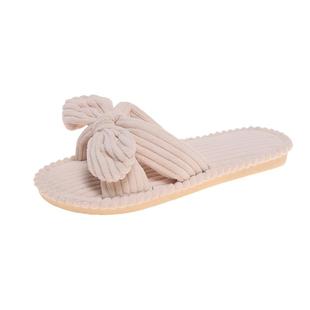 粉嫩棉麻女拖鞋家居蝴蝶结2025款室内拖平底防滑静音可爱少女棉拖