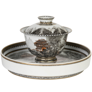 圣山高端墨彩滕王阁山水楼阁陶瓷茶具景德镇手绘粉彩盖碗茶具