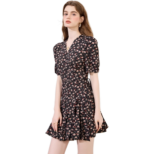 2026夏季新款碎花裙法式气质短袖一片式小个子中长款雪纺连衣裙女