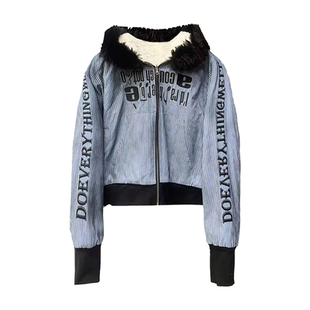 DETW 25AW*水洗做旧喷脏条纹长毛领羊羔绒连帽设计感高级加厚外套