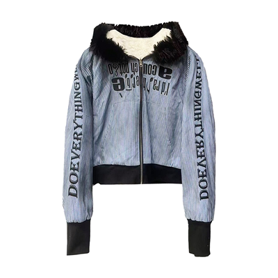 DETW水洗喷脏条纹羊羔绒厚外套