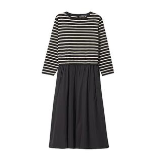23区日系秋季通勤混纺针织圆领条纹连衣裙七分袖针织裙商场同款