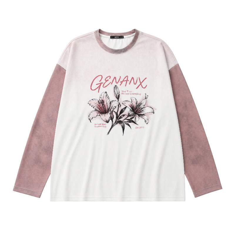 GENANX闪电潮牌秋新款太空棉数码印花植物花卉宽松圆领长袖T恤男