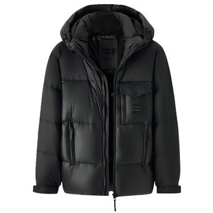 杉杉90鸭绒重磅加厚情侣面包服冬拉链口袋撞色连帽羽绒服男女同款