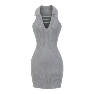 怪力酱 纯欲性感v领针织连衣裙女夏季无袖收腰短款辣妹包臀polo裙