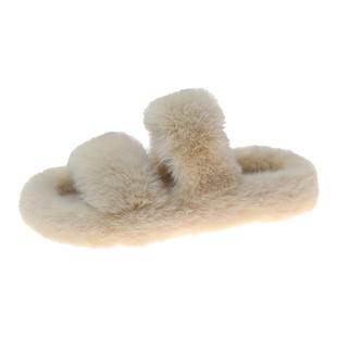 大码双条毛毛女士棉拖鞋2025新款时尚秋冬季外穿平底一字内室保暖