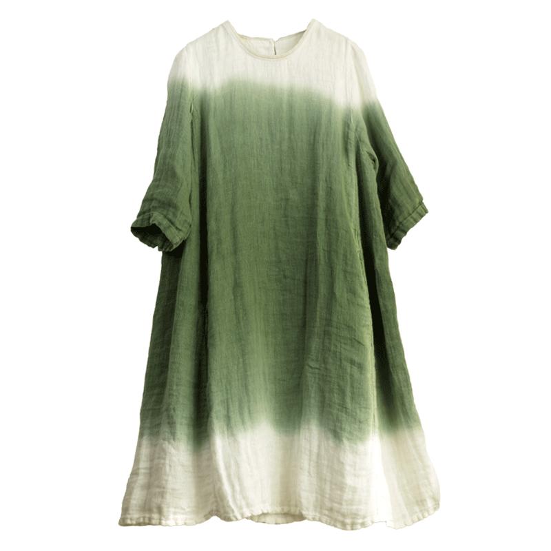 花枝秾亚麻女装原创复古渐变色宽松高端夏款气质棉麻绿色连衣裙