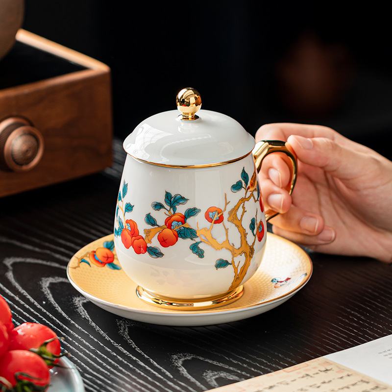 高档描金柿柿如意办公杯商务轻奢实用泡结婚纪念送领导礼品茶杯