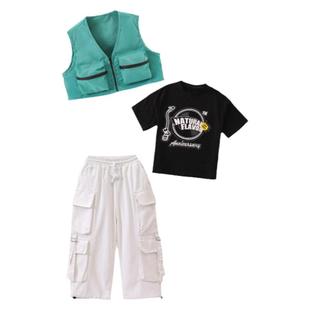 街舞儿童潮服酷帅嘻哈hiphop马甲套装男孩演出服白色工装阔腿裤夏