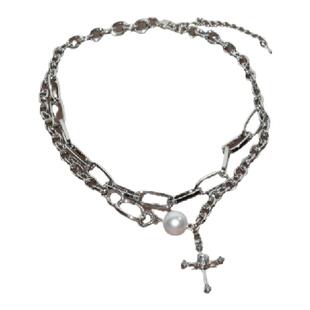 小众潮朋克水钻十字架叠戴多层珍珠金属项链锁骨链男女choker颈链