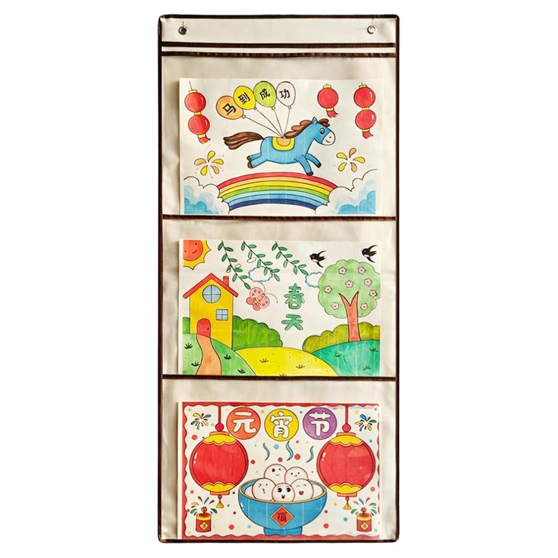 A3透明展示收纳挂袋牛津布A4奖状多层幼儿园绘画作品墙挂式收纳袋