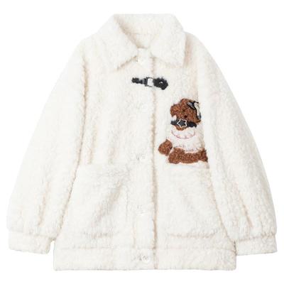 KEIKO小狗刺绣白色羊羔毛绒外套