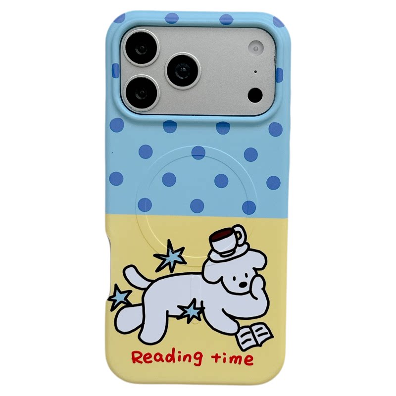 MoreRex ins撞色波点看书小狗适用苹果18手机壳磁吸支架iphone17promax新款18pro全包15防摔保护套14二合一16