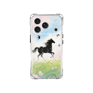 春日万马踏青~适用苹果17手机壳带挂绳15斜挎可背iphone16promax四角防摔小米13手提14手腕12软硅胶p80马年11