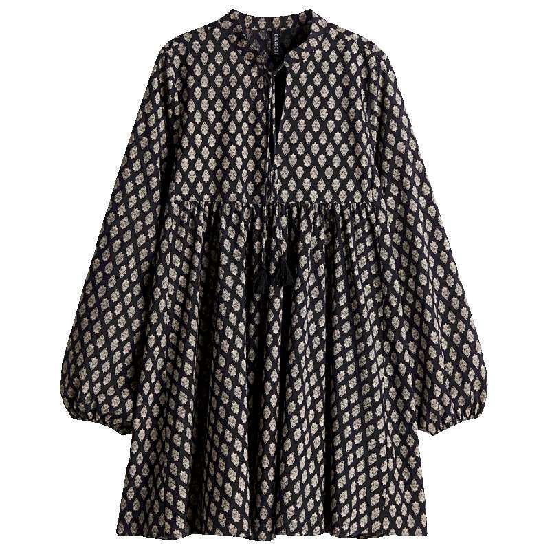 HM女装连衣裙冬季法式宽松波嬉风设计感碎花连衣裙1272451