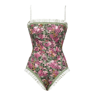 visual mood法式抹胸连体泳衣女粉绿双面印花遮肚显瘦海边度假