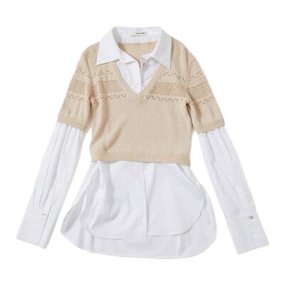 Medium Well 2026春季新款钩针拼接假两件衬衫女气质通勤休闲上衣