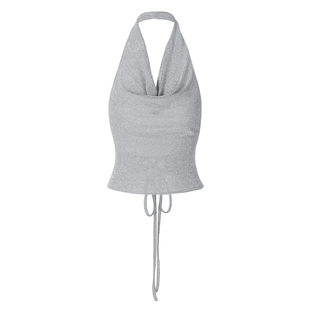 欧美ins风性感辣妹挂脖吊带背心女 亮闪闪绑绳露背高腰镂空短上衣