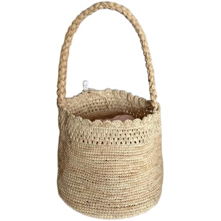 女士法式夏季米色天然植物拉菲草手工编织小号水桶包草编包沙滩包