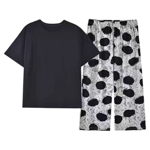 睡衣女款2026新款夏季纯棉短袖七分裤夏款女士黑色家居服套装夏天