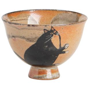 蕴华堂 创意陶瓷手工绘银小猫茶杯志野烧功夫茶具品茗杯个人单杯